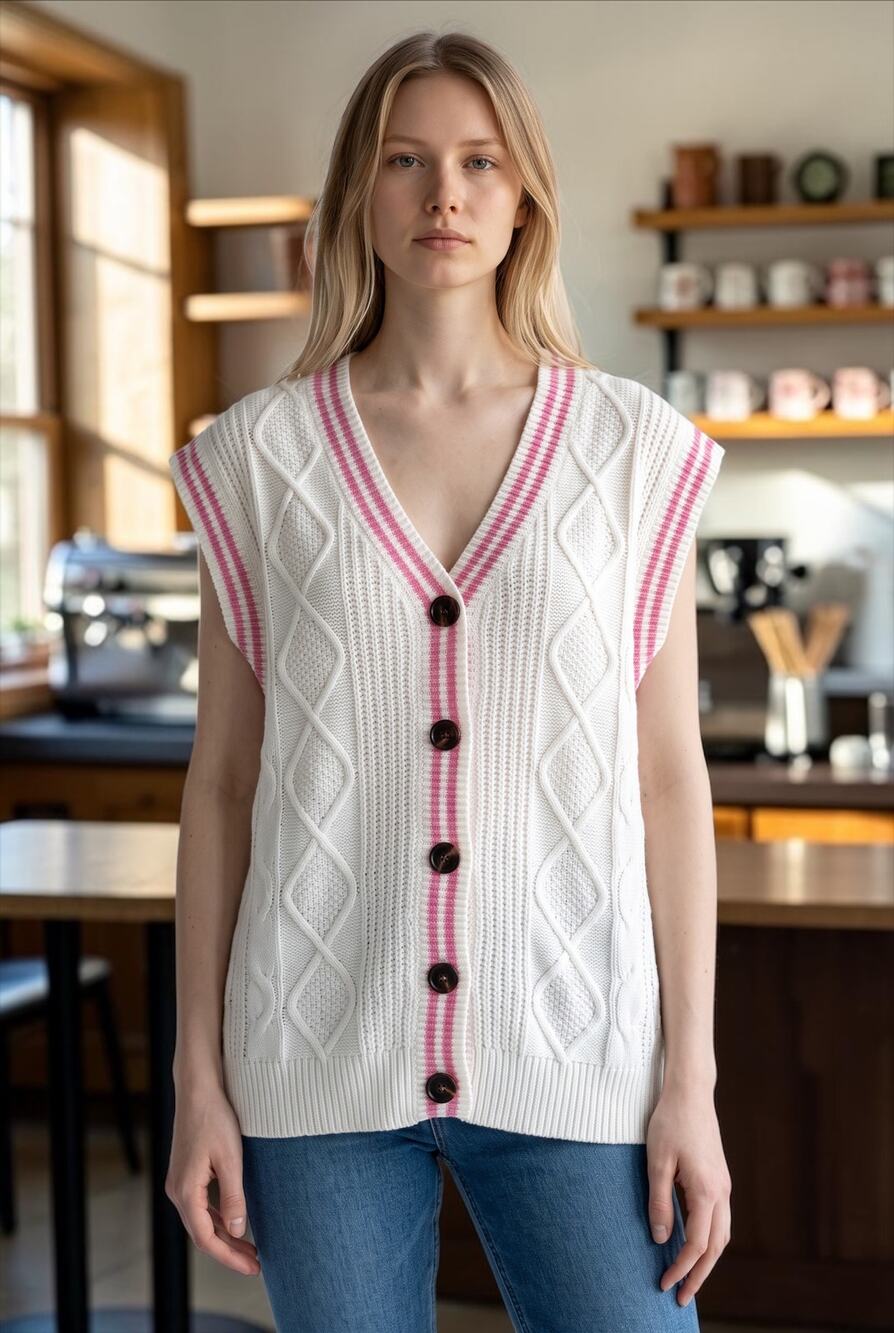 BP Cream Cable Knit Sweater Vest XS NWT Pink Striped Trim Button Front Preppy